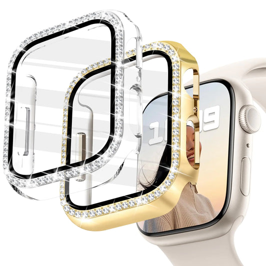 JR.DM 2 Pack Bling Case with HD Screen Protector Compatible with Apple Watch Series 7 8 9 45mm Women Glitter Diamond Rhinestone Bumper Face Cover for iWatch Accessories 45mm Clear/Gold