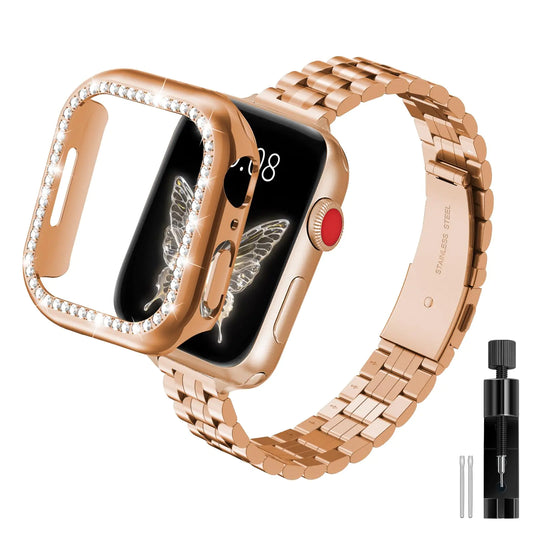 Gold Solid Stainless Steel Metal Band Compatible With Apple Watch 45mm 44mm 42mm 41mm 40mm 38mm Bling Diamond Case for iwatch Strap Bands for Women & Men Series 9 8 7 6 5 4 3 2 1 SE（38mm-Rose Gold）