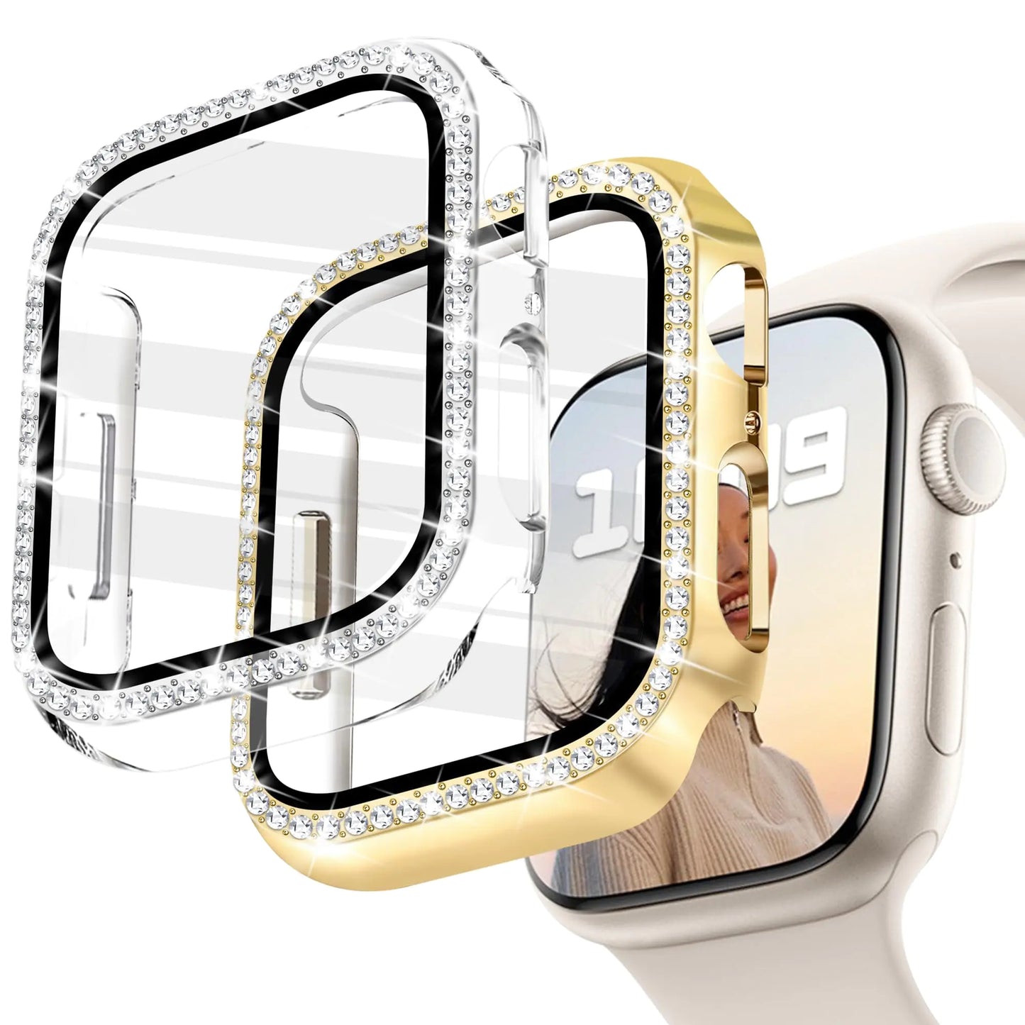 JR.DM 2 Pack Bling Case with HD Screen Protector Compatible with Apple Watch Series 7 8 9 45mm Women Glitter Diamond Rhinestone Bumper Face Cover for iWatch Accessories 45mm Clear/Gold