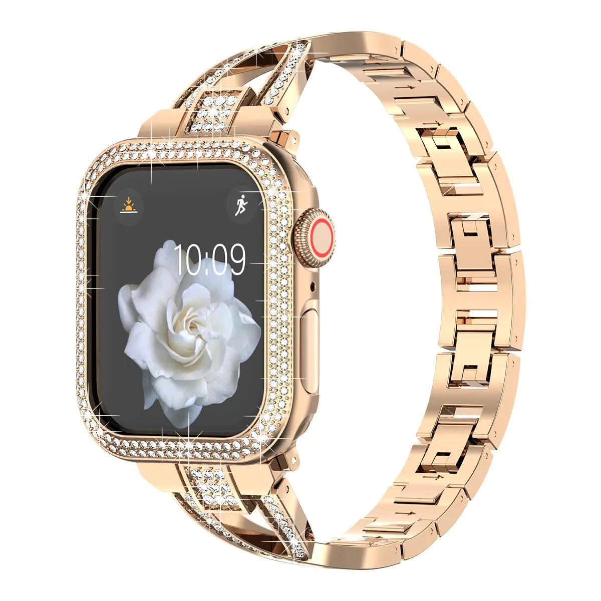 HJINVIGOUR Compatible Apple Watch Diamond Case Protective Cover Bling Rhinestone Crystal Metal Alloy Band Strap Series 9 8 7 6 5 4 45mm 41mm 44mm 40mm (44mm Rose Gold)