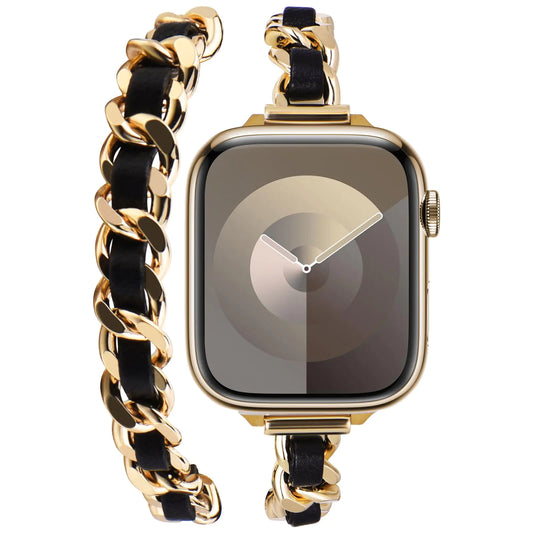 NewWays Compatible with Apple Watch Band 41mm 40mm 38mm Women Metal Link with Leather Band Cowboy Chain iWatch Bracelet Slim Gold with Black