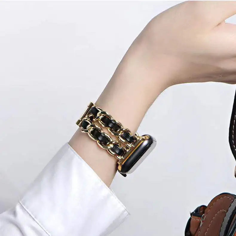 Women's Gold Metal Leather Wristband for Apple Watch