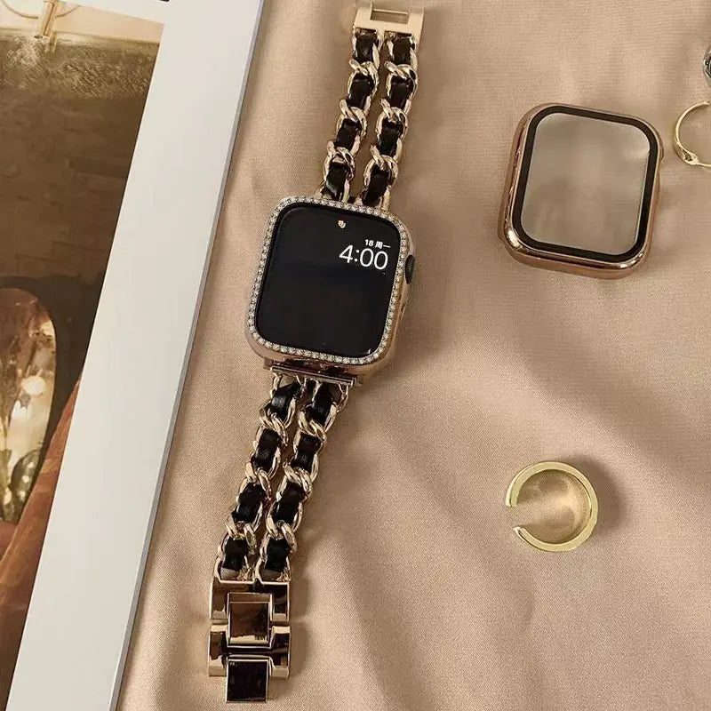 Women's Gold Metal Leather Wristband for Apple Watch