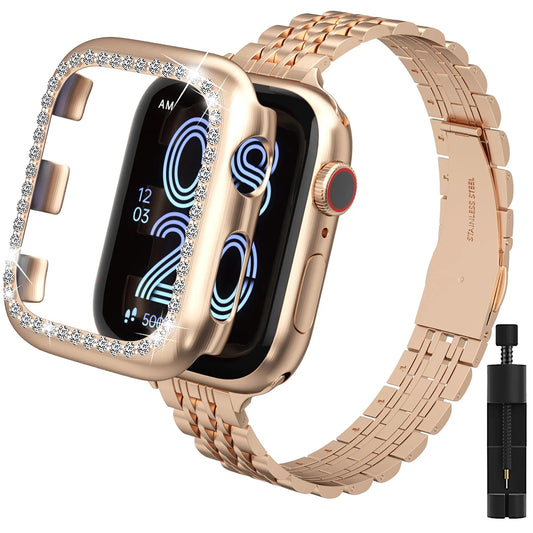 Camofit Thin Band Compatible with Apple Watch Band 42mm for Women Slim Metal Replacement Wristband with Case Cover Compatible with iWatch SE Series 3 2 1 (42mmRose Gold)